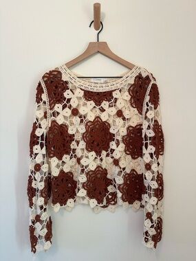 Cloth by Design Crochet Floral Open Knit Brown and Ivory Cottagecore Blouse